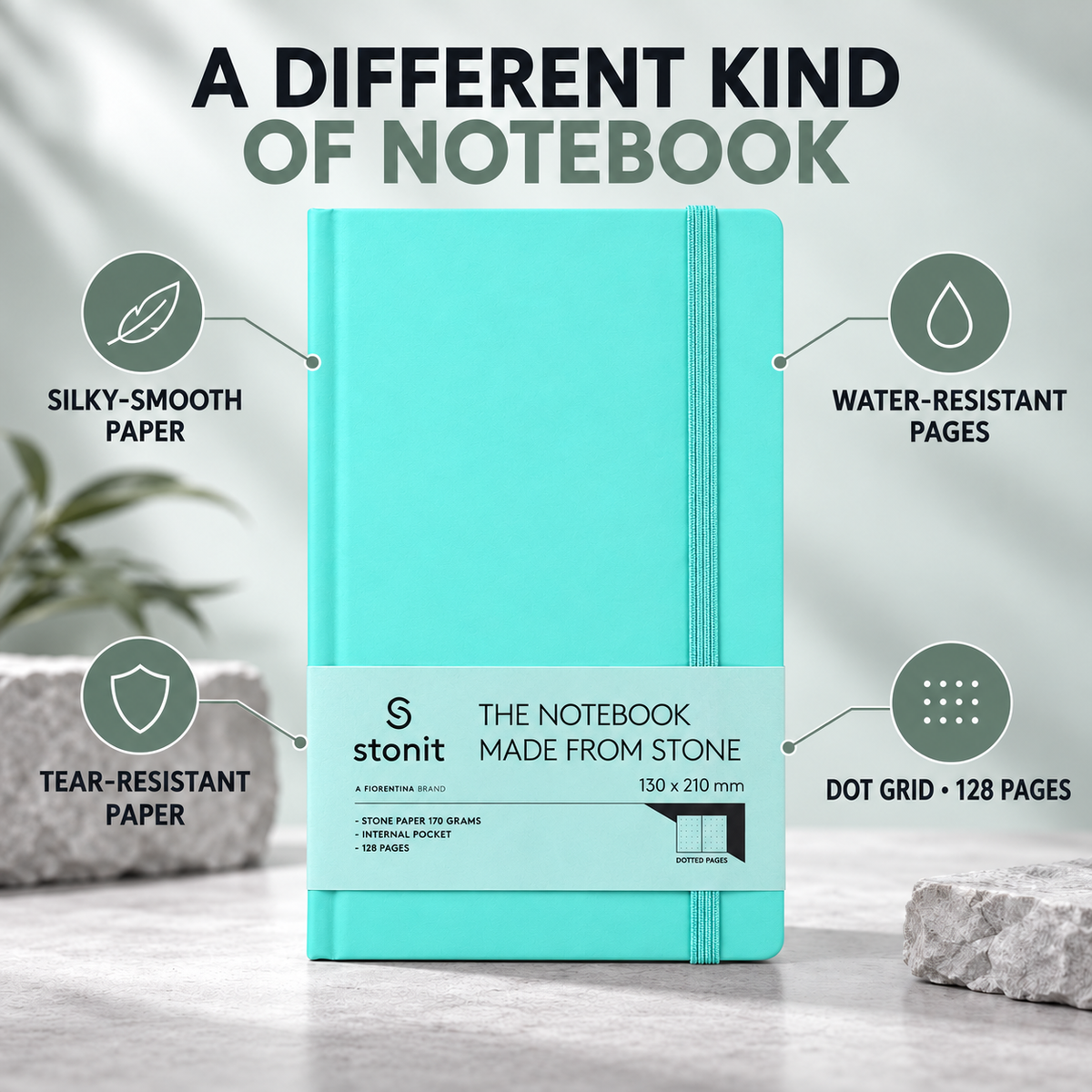 Stonit Stone Paper Notebook, Water-Resistant Dot Grid Journal, Hardcover with Elastic Closure, Silky-Smooth Tear-Resistant Pages, Aqua, 128 Pages, 5 x 8 Inches (Copy)