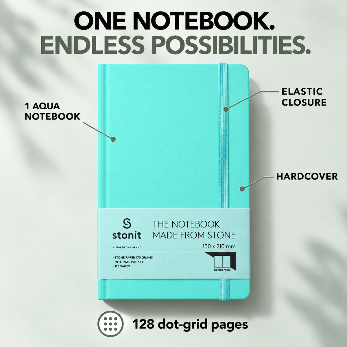 Stonit Stone Paper Notebook, Water-Resistant Dot Grid Journal, Hardcover with Elastic Closure, Silky-Smooth Tear-Resistant Pages, Aqua, 128 Pages, 5 x 8 Inches (Copy)