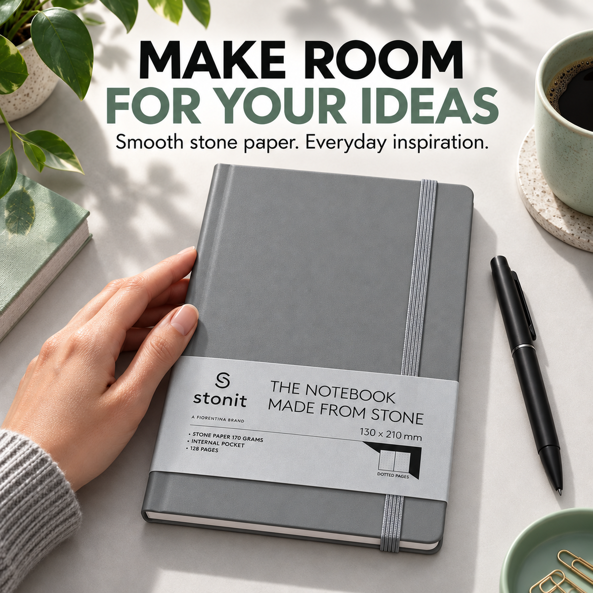 Stonit Stone Paper Notebook, Water-Resistant Dot Grid Journal, Hardcover with Elastic Closure, Silky-Smooth Tear-Resistant Pages, Grey, 128 Pages, 5 x 8 Inches (Copy) (Copy)