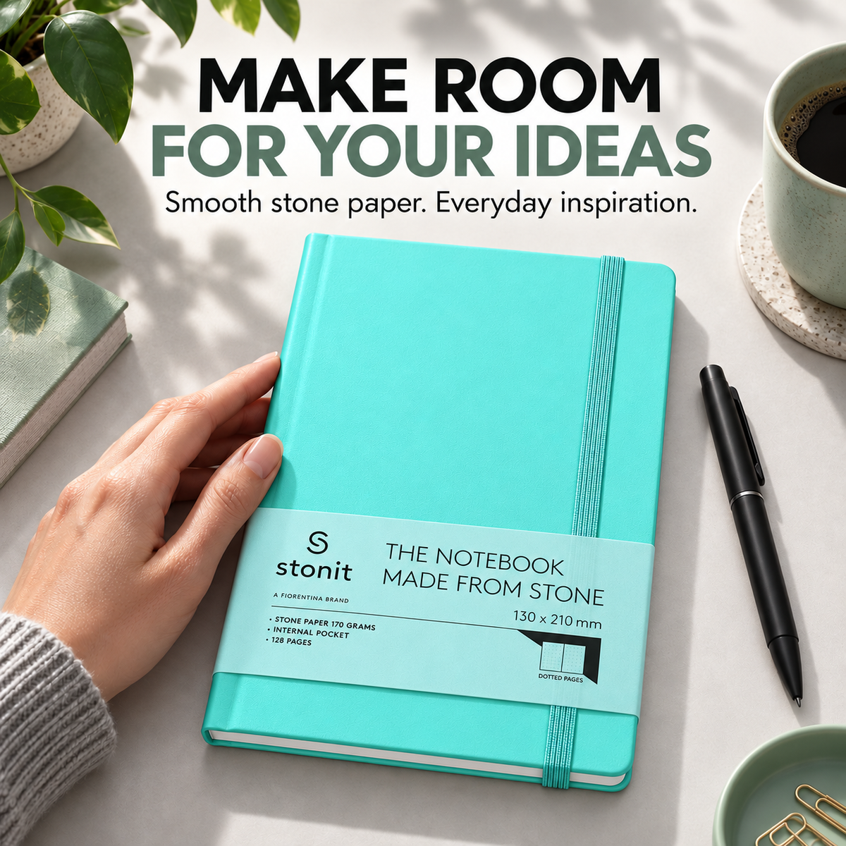 Stonit Stone Paper Notebook, Water-Resistant Dot Grid Journal, Hardcover with Elastic Closure, Silky-Smooth Tear-Resistant Pages, Aqua, 128 Pages, 5 x 8 Inches (Copy)