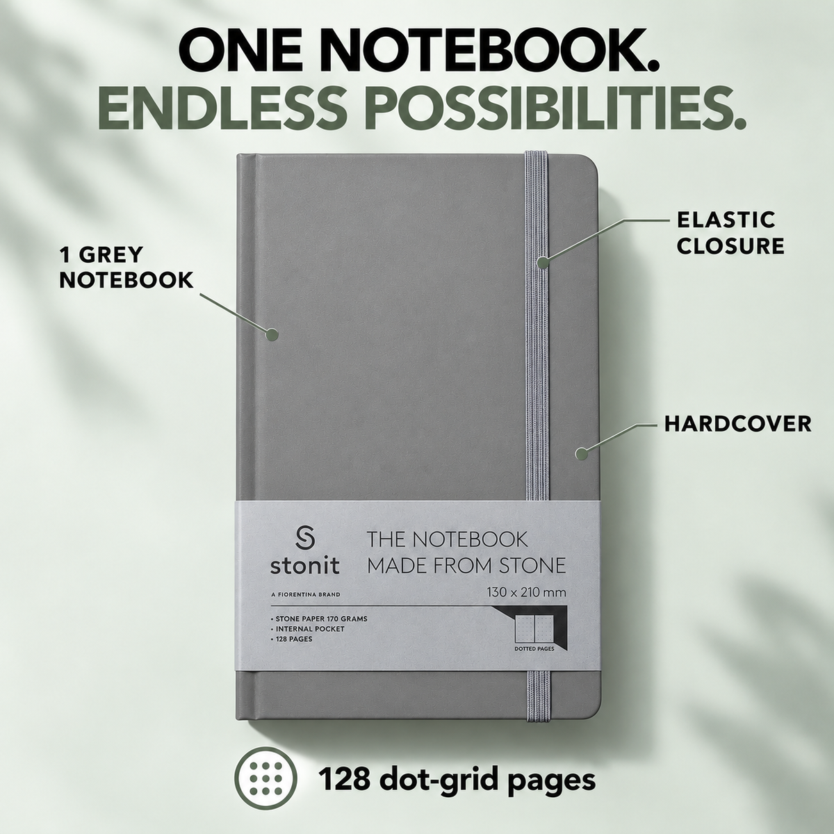 Stonit Stone Paper Notebook, Water-Resistant Dot Grid Journal, Hardcover with Elastic Closure, Silky-Smooth Tear-Resistant Pages, Grey, 128 Pages, 5 x 8 Inches (Copy) (Copy)