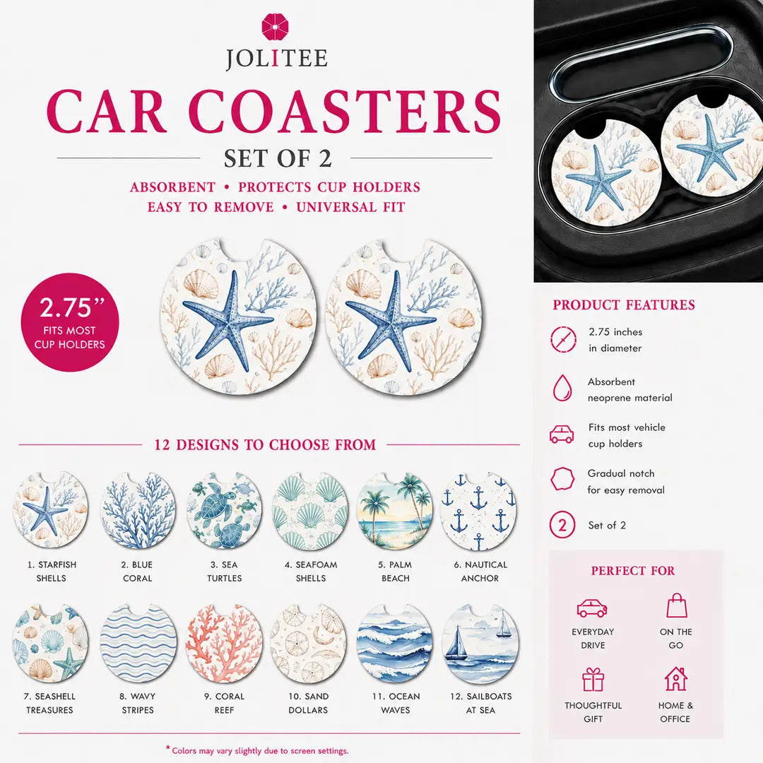 Jolitee Coastal Car Coasters, Absorbent Neoprene Cup Holder