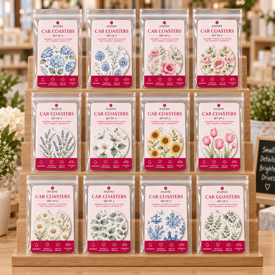 Jolitee Florals Car Coasters, Absorbent Neoprene Cup Holder