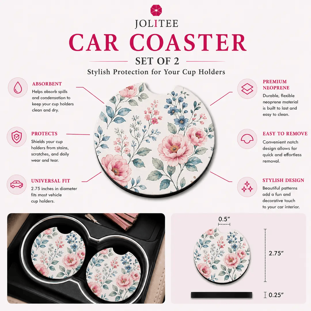 Jolitee Florals Car Coasters, Absorbent Neoprene Cup Holder