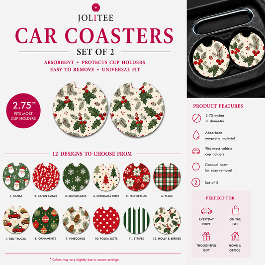 Jolitee Christmas Car Coasters, Absorbent Neoprene Cup Holder