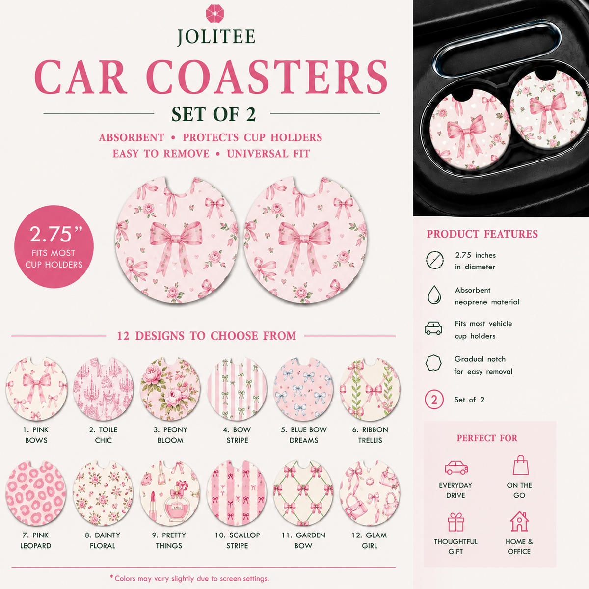 Jolitee Girly Girl Car Coasters, Absorbent Neoprene Cup Holder