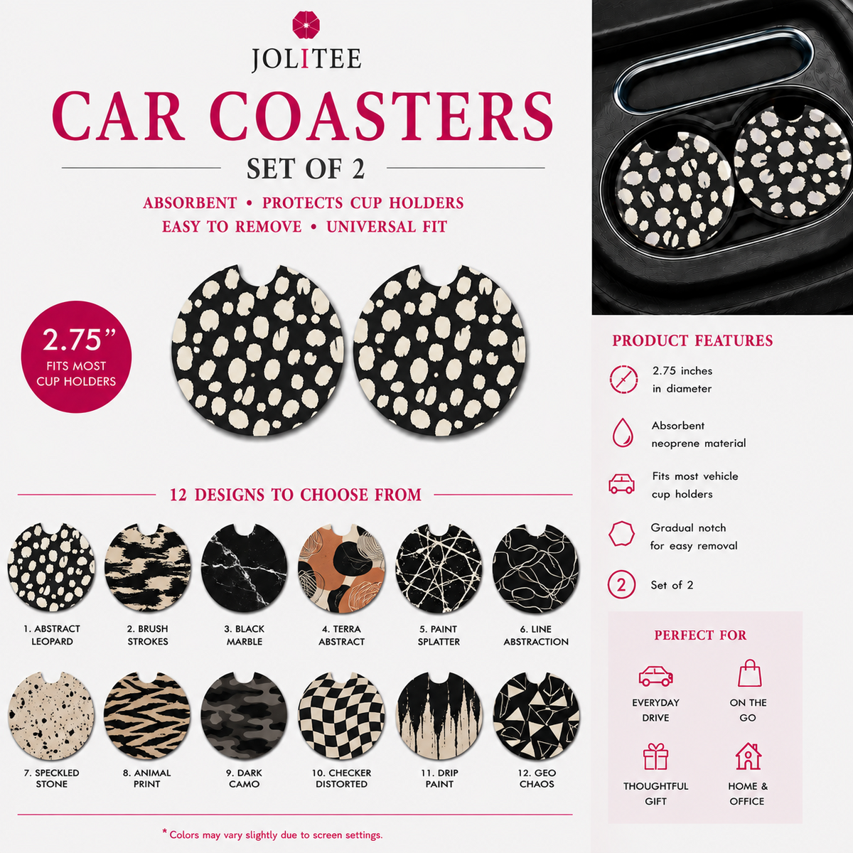 Jolitee Edgy Car Coasters, Absorbent Neoprene Cup Holder