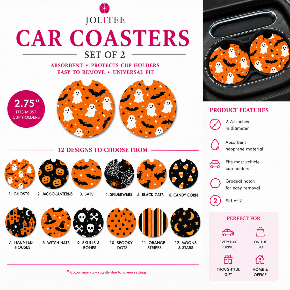 Jolitee Halloween Car Coasters, Absorbent Neoprene Cup Holder