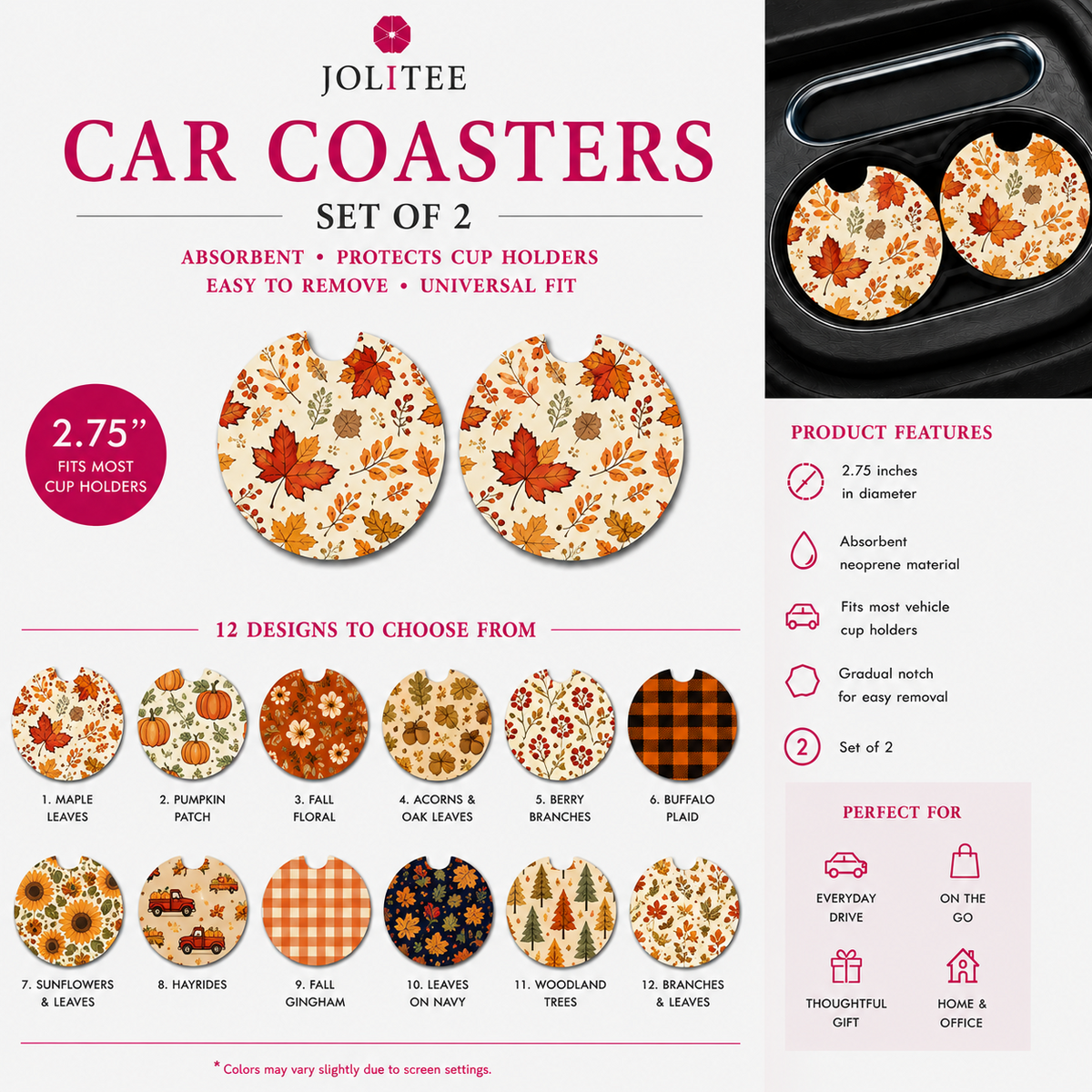 Jolitee Fall Car Coasters, Absorbent Neoprene Cup Holder