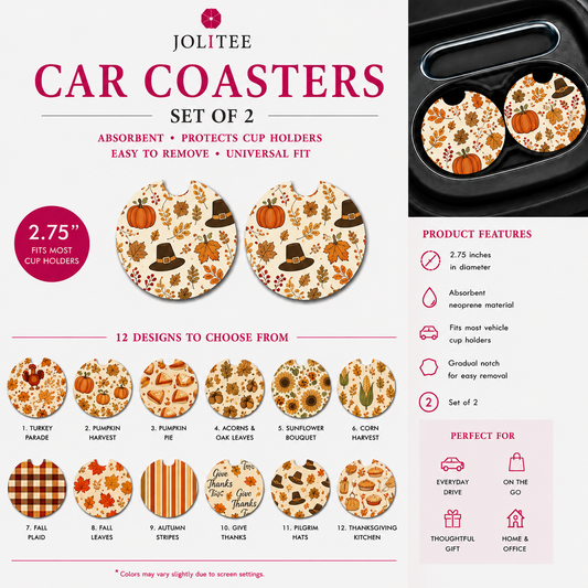 Jolitee Thanksgiving Car Coasters, Absorbent Neoprene Cup Holder