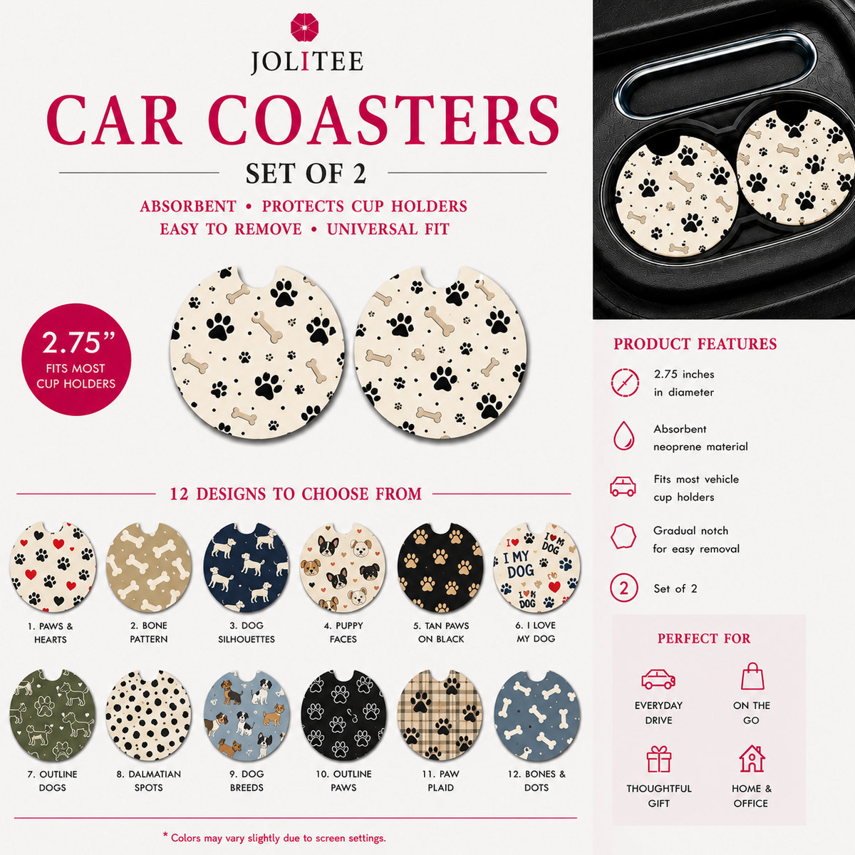 Jolitee Dog Lovers Car Coasters, Absorbent Neoprene Cup Holder