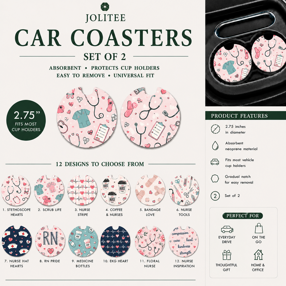 Jolitee Nurse Car Coasters, Absorbent Neoprene Cup Holder