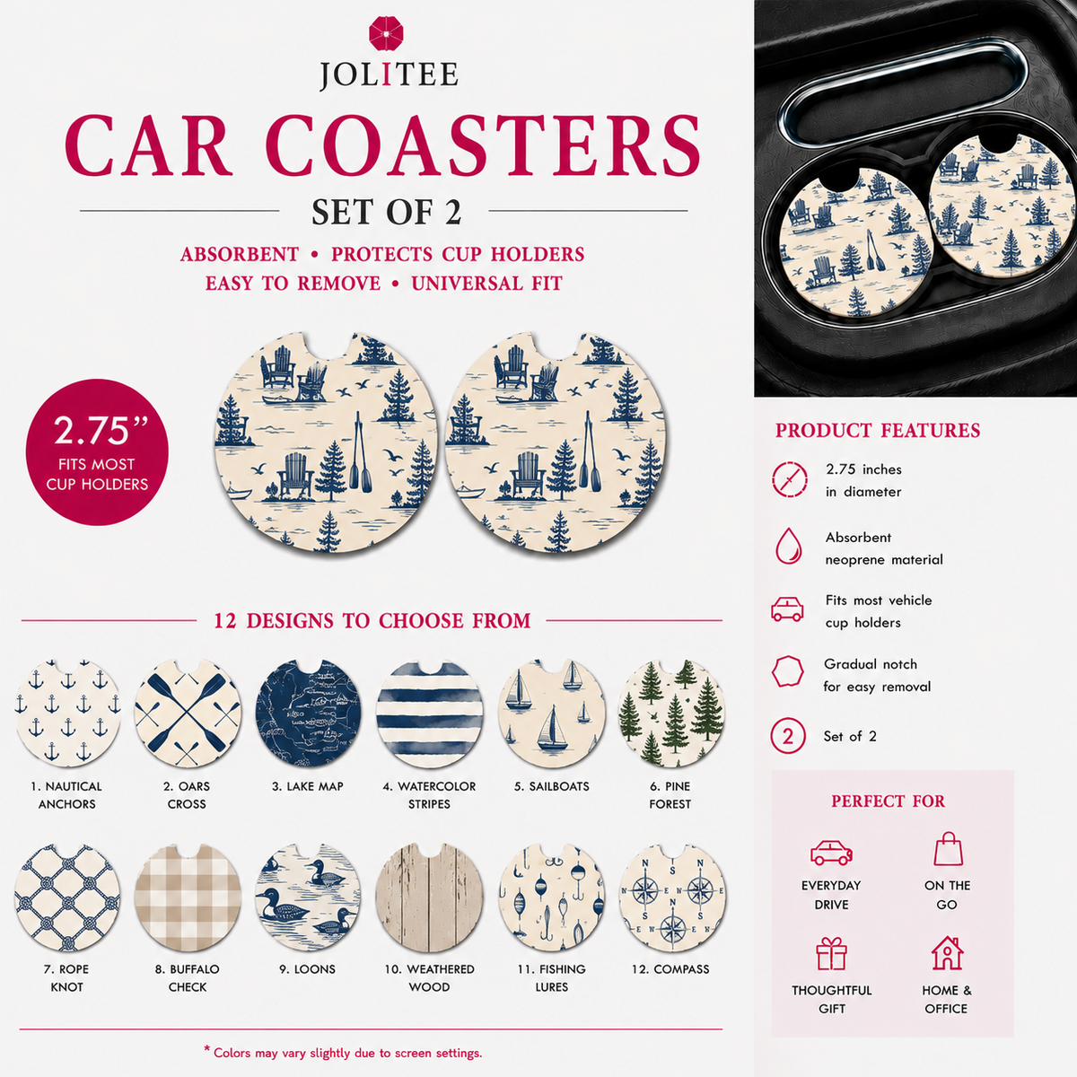 Jolitee Lakehouse Car Coasters, Absorbent Neoprene Cup Holder