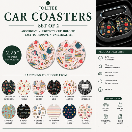 Jolitee Teacher Car Coasters, Absorbent Neoprene Cup Holder
