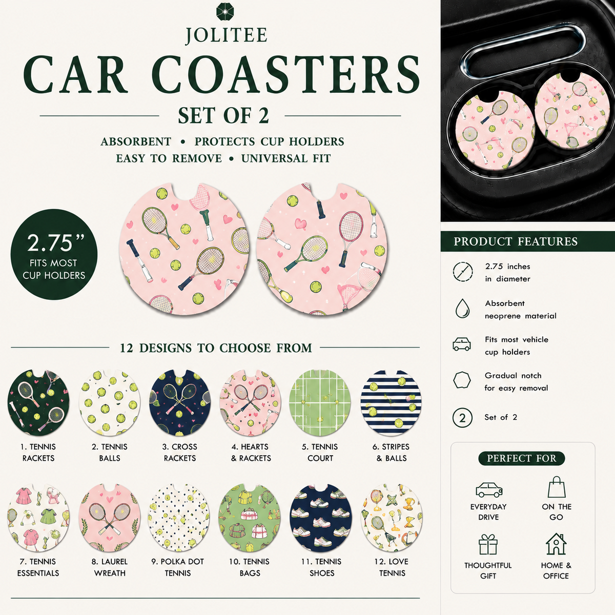 Jolitee Tennis Car Coasters, Absorbent Neoprene Cup Holder