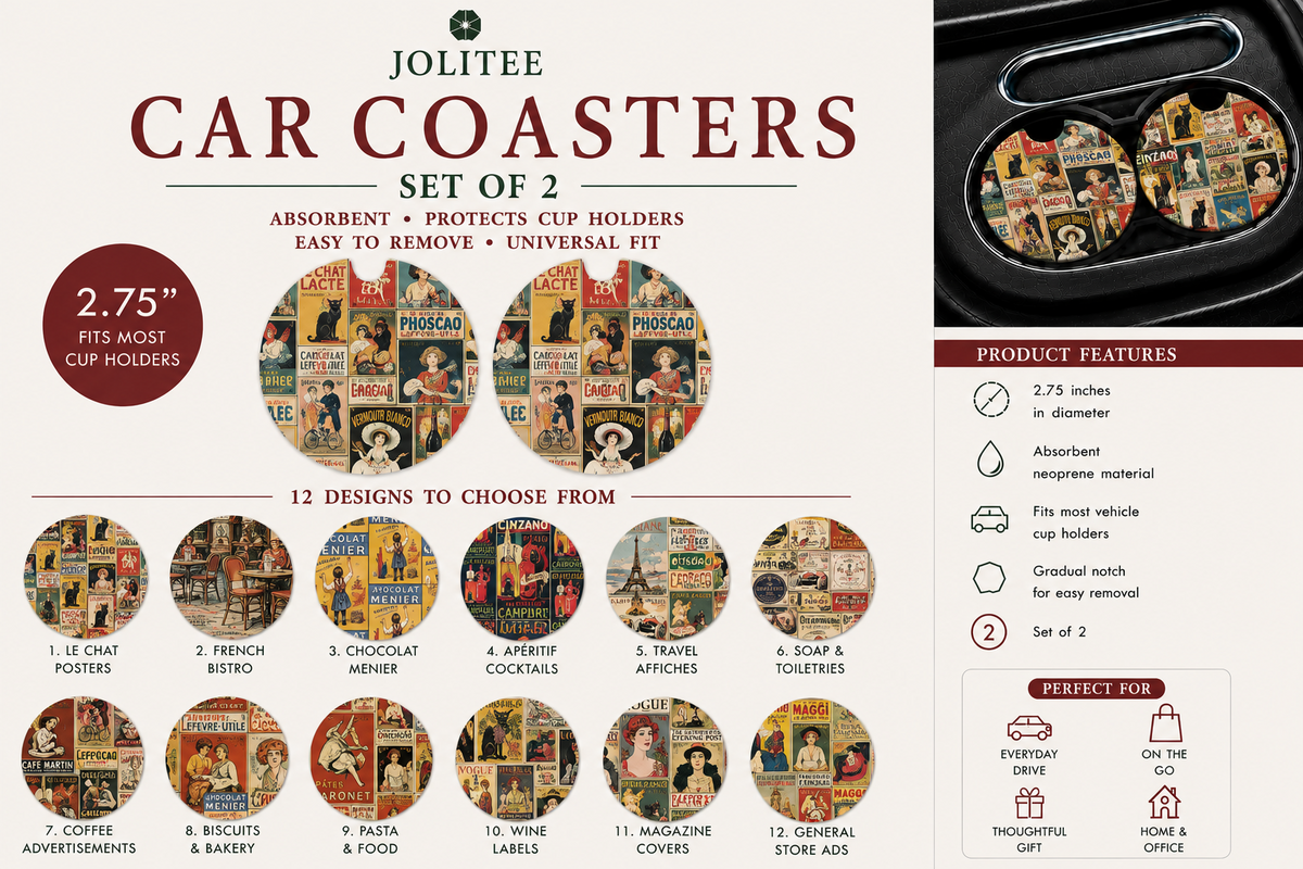 Jolitee Vintage Ad Art Car Coasters, Absorbent Neoprene Cup Holder