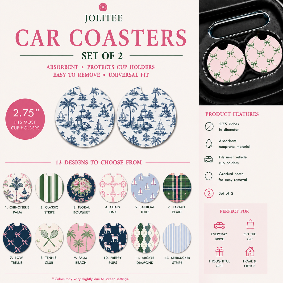Jolitee Preppy Car Coasters, Absorbent Neoprene Cup Holder