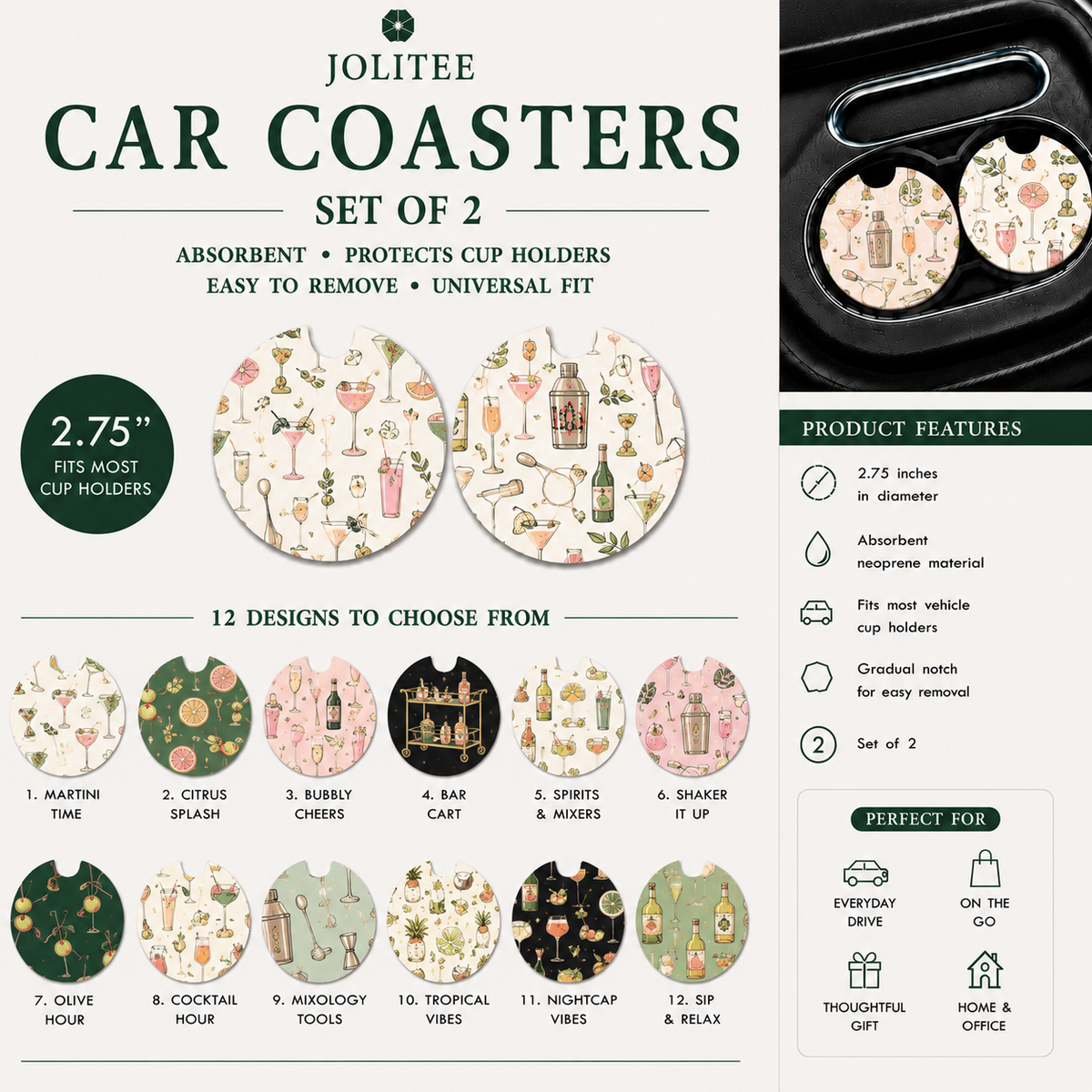 Jolitee Cocktail Car Coasters, Absorbent Neoprene Cup Holder
