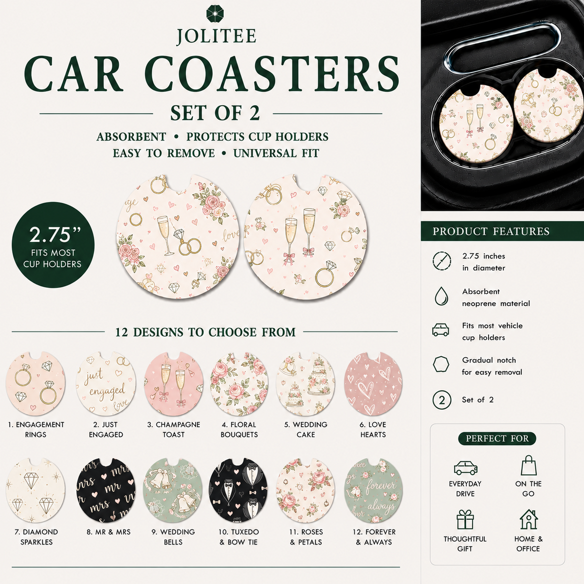 Jolitee Wedding Car Coasters, Absorbent Neoprene Cup Holder