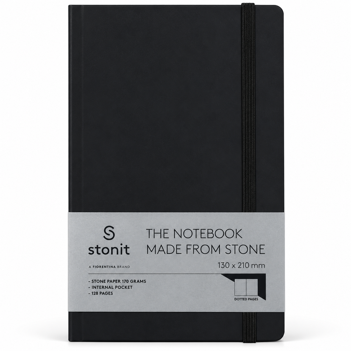 Stonit Stone Paper Notebook, Water-Resistant Dot Grid Journal, Hardcover with Elastic Closure, Silky-Smooth Tear-Resistant Pages, Black, 128 Pages, 5 x 8 Inches