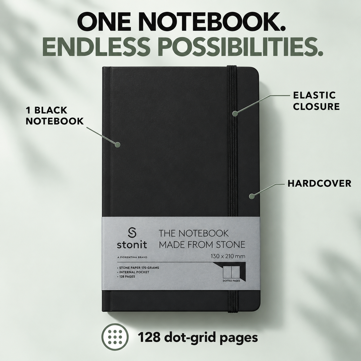 Stonit Stone Paper Notebook, Water-Resistant Dot Grid Journal, Hardcover with Elastic Closure, Silky-Smooth Tear-Resistant Pages, Black, 128 Pages, 5 x 8 Inches