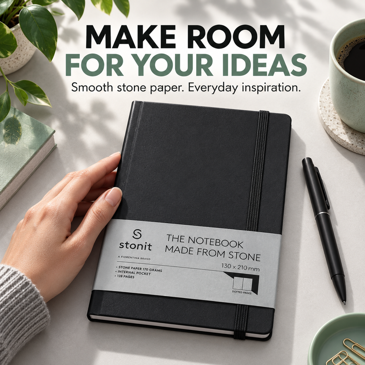 Stonit Stone Paper Notebook, Water-Resistant Dot Grid Journal, Hardcover with Elastic Closure, Silky-Smooth Tear-Resistant Pages, Black, 128 Pages, 5 x 8 Inches