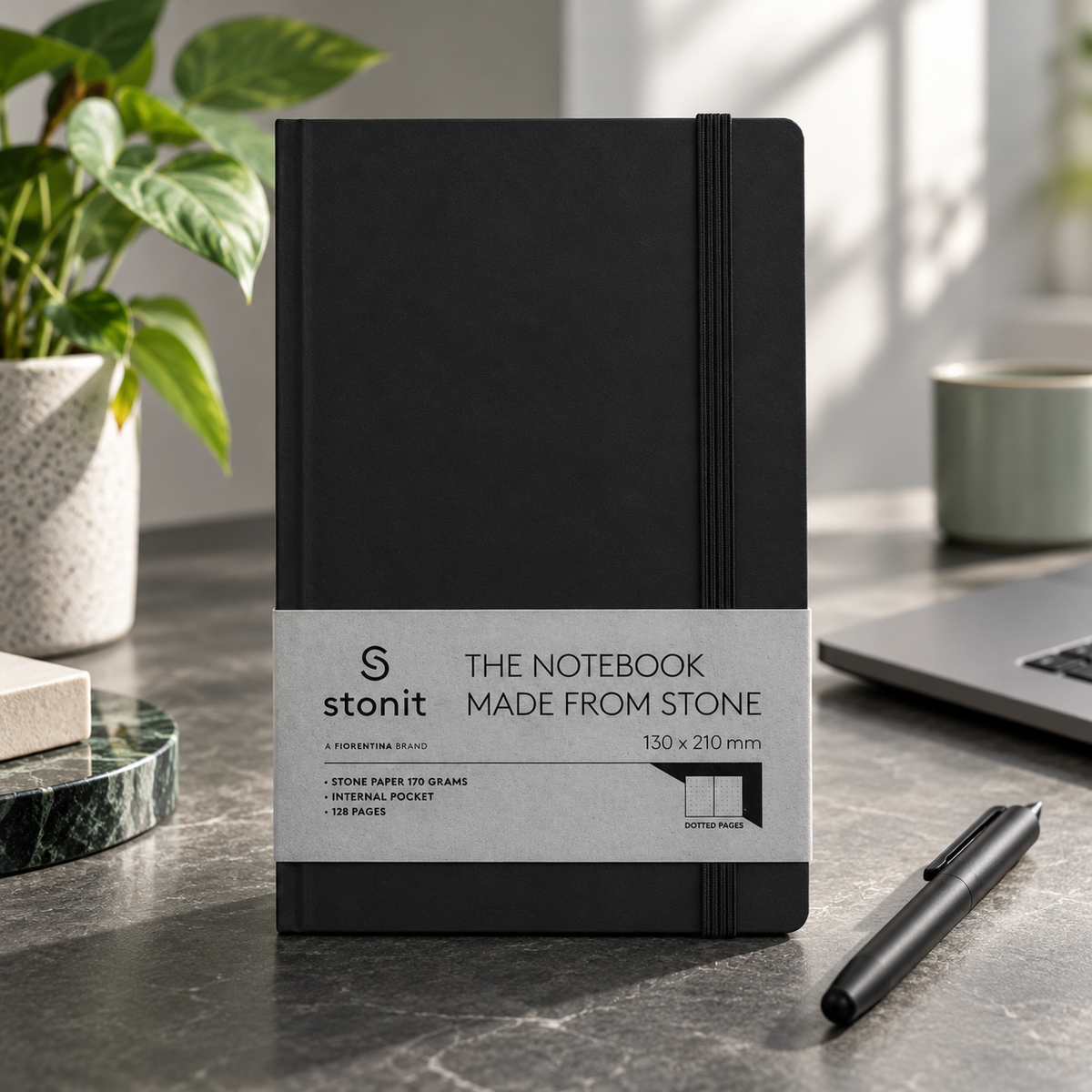 Stonit Stone Paper Notebook, Water-Resistant Dot Grid Journal, Hardcover with Elastic Closure, Silky-Smooth Tear-Resistant Pages, Black, 128 Pages, 5 x 8 Inches