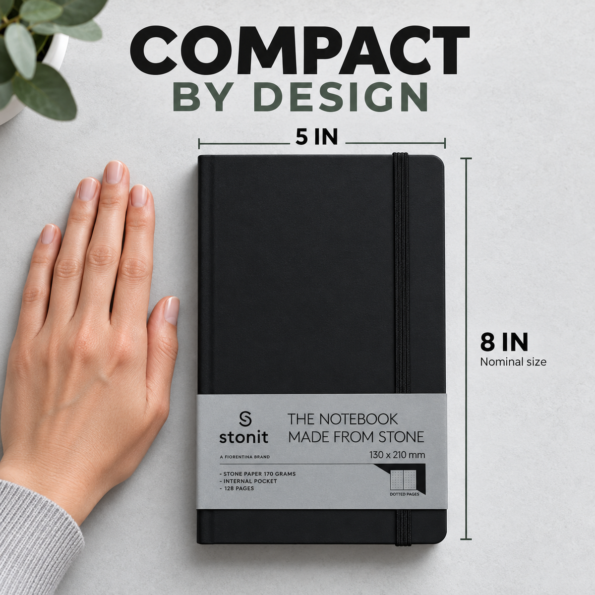 Stonit Stone Paper Notebook, Water-Resistant Dot Grid Journal, Hardcover with Elastic Closure, Silky-Smooth Tear-Resistant Pages, Black, 128 Pages, 5 x 8 Inches