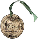 Jolitee Rustic, Handmade Our First Christmas 2020 Wood Slice Christmas Ornament Engraved with Shimmer and Grosgrain Ribbon Collection