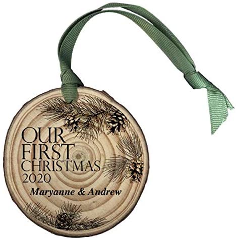 Jolitee Rustic, Handmade Our First Christmas 2020 Wood Slice Christmas Ornament Engraved with Shimmer and Grosgrain Ribbon Collection