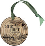 Jolitee Rustic, Handmade Our First Christmas 2021 Wood Slice Christmas Ornament Engraved with Shimmer and Grosgrain Ribbon Collection