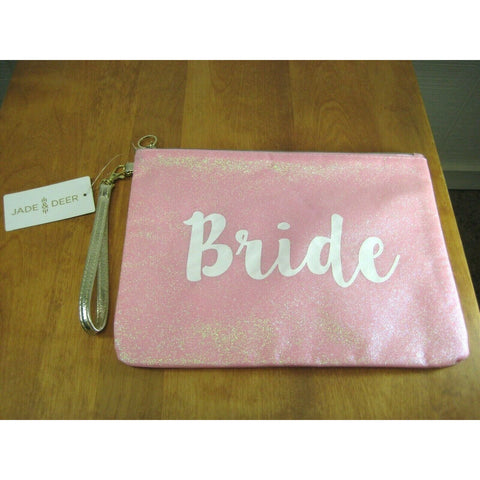 JADE & DEER "BRIDE" PINK SPARKLE GLITTER COSMETIC BAG WRISTLET 8" X 11" NWT